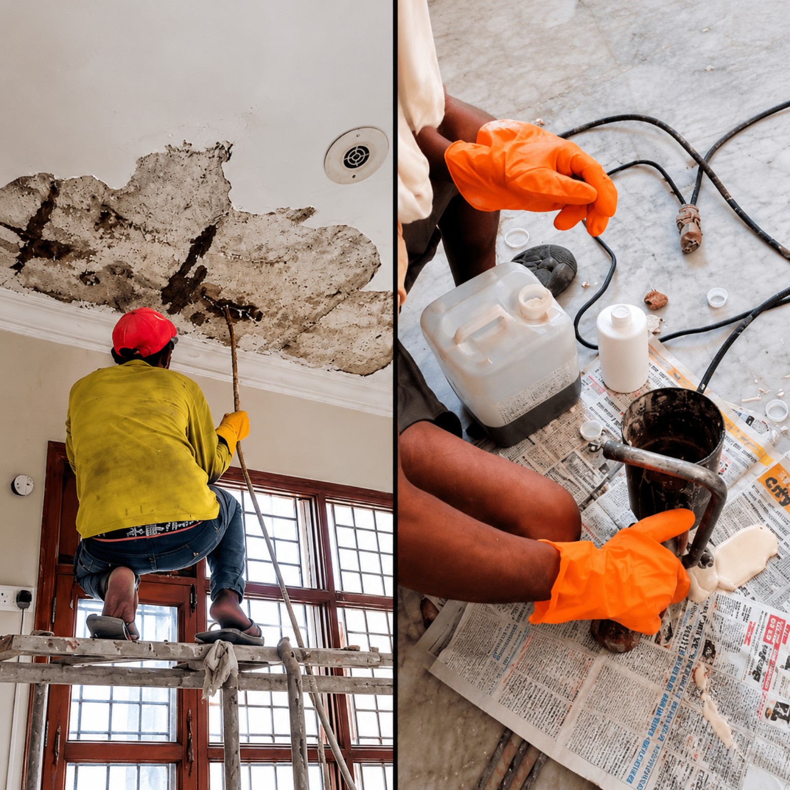 Ceiling plaster damage and repair material preparation