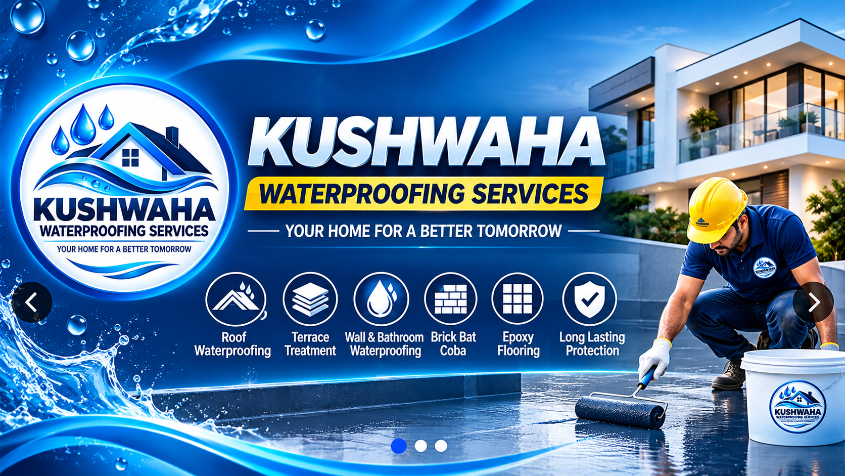 Kushwaha Waterproofing Services blue promotional banner with roof waterproofing worker