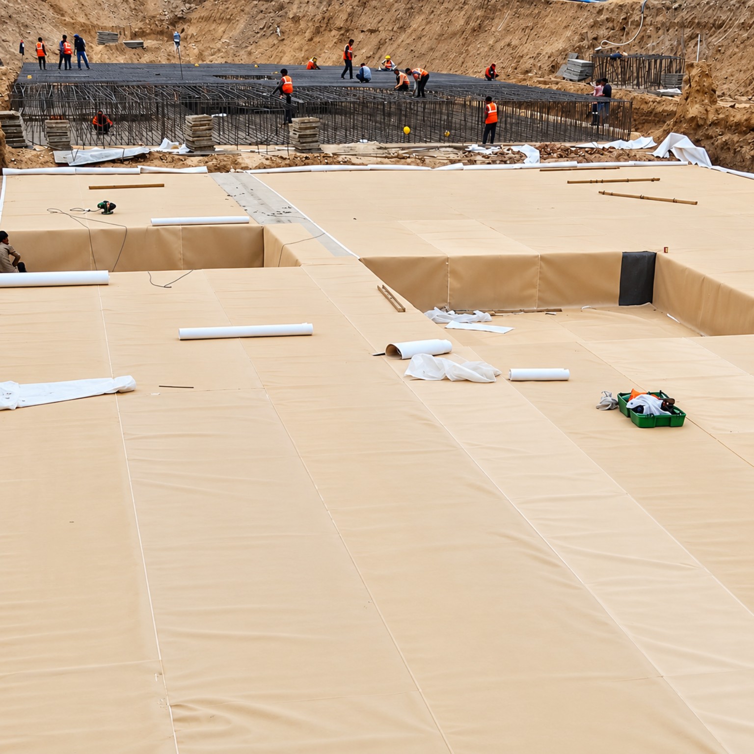 Waterproofing membrane installation on a construction project