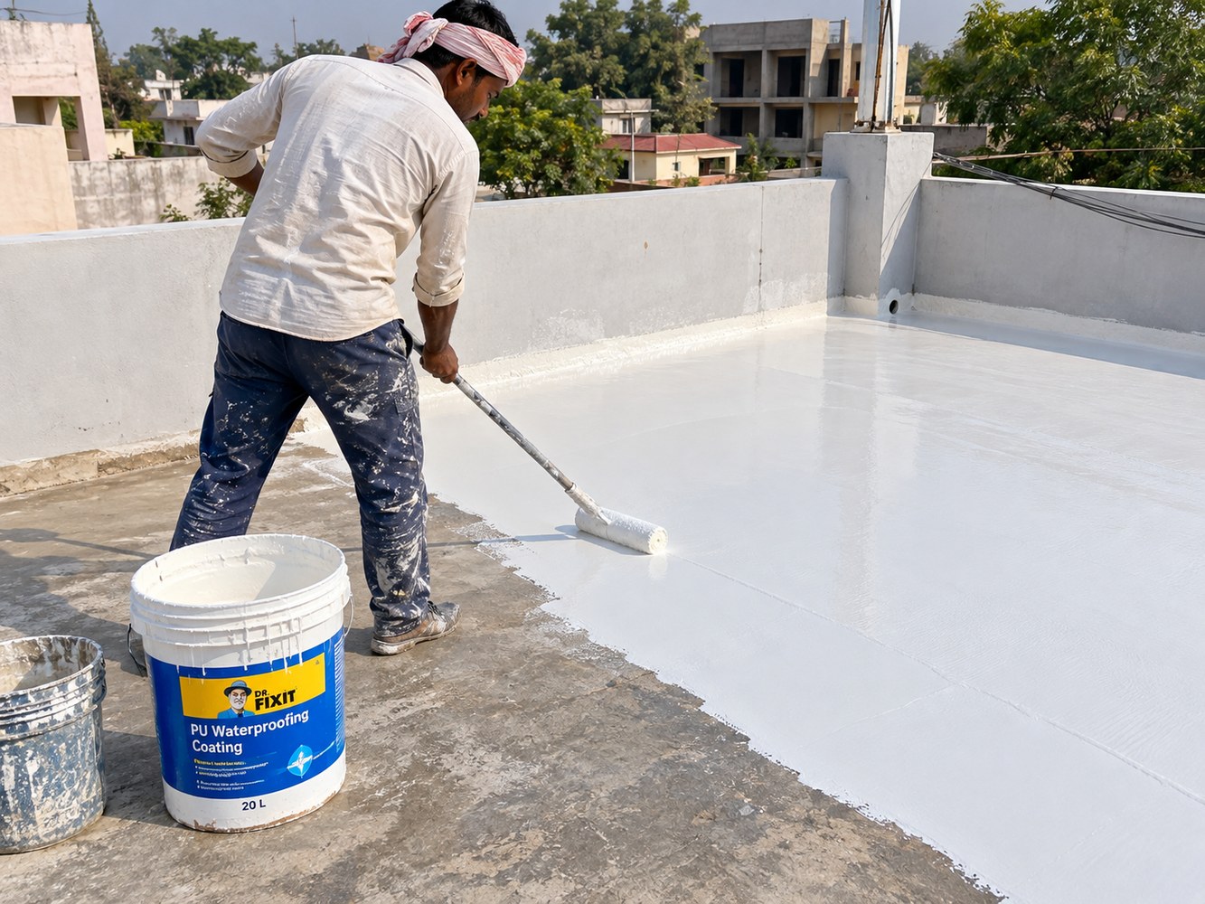 PU waterproofing coating being applied on a roof surface