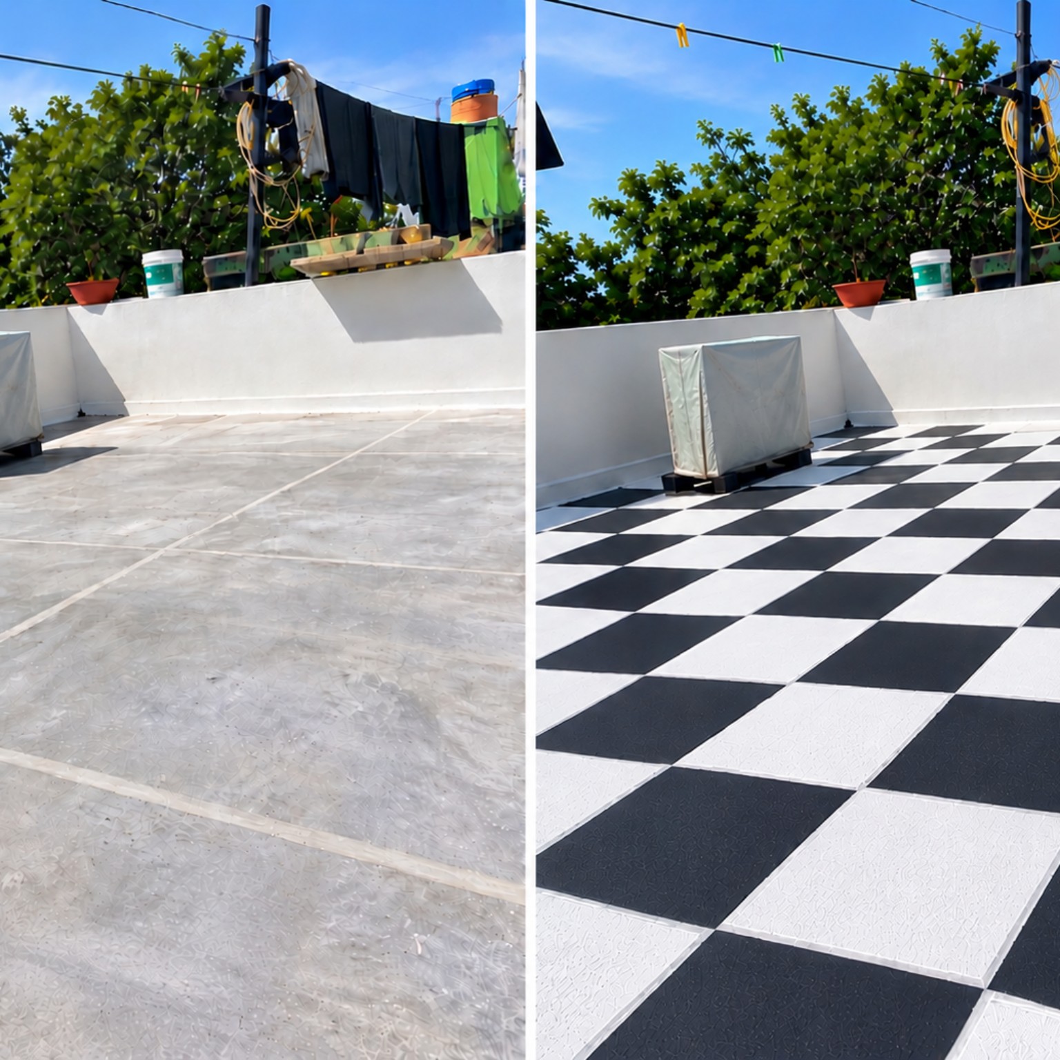 Terrace surface before and after checkerboard finish